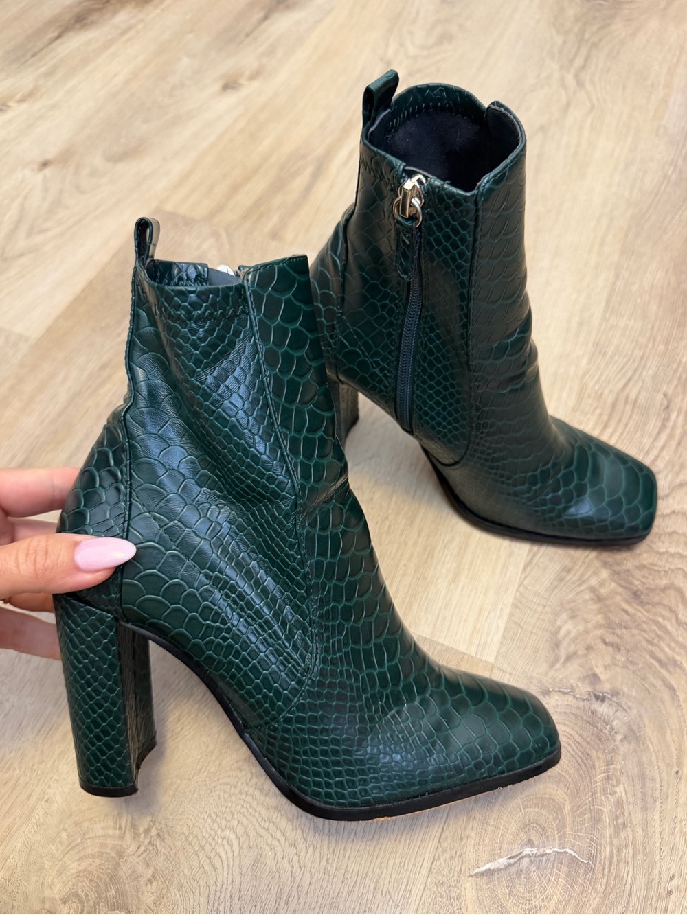 Aldo Flex Dark Green Snake-Embossed Block Heel Ankle Boots
